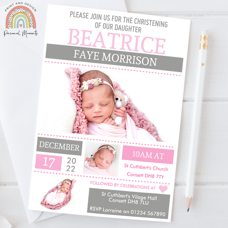 Elegant Personalised Christening, Baptism, Naming Day Invitations for Girls with Photos - Pink & Grey