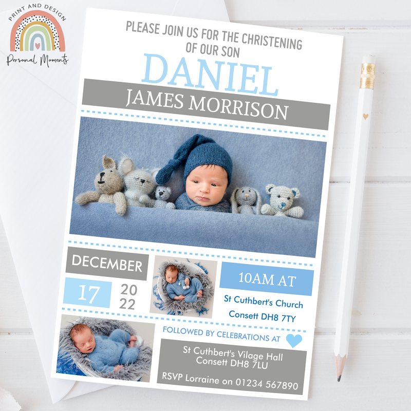 Elegant Personalised Christening, Baptism, Naming Day Invitations for Boys with Photos - Blue & Grey