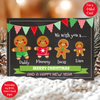 a christmas card with three gingerbreads on it