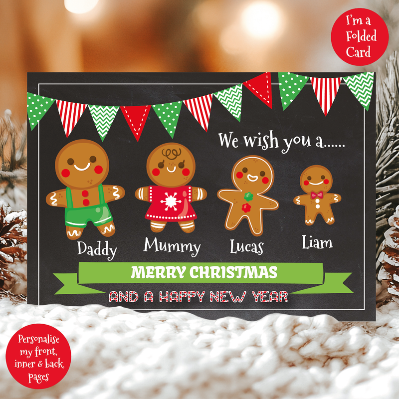 a christmas card with three gingerbreads on it
