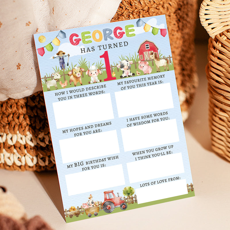 Personalised Farmyard First Birthday Time Capsule Cards with Envelopes - Colourful Keepsake Game, Customisable 1st Birthday Party Activity