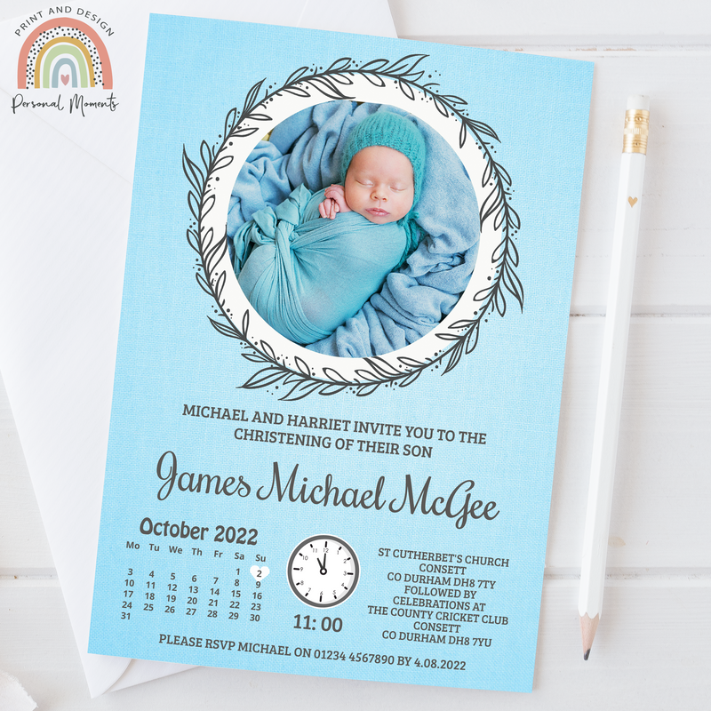 Personalised Wreath Christening Invitations - Baby Blue Watercolour Effect with Photo