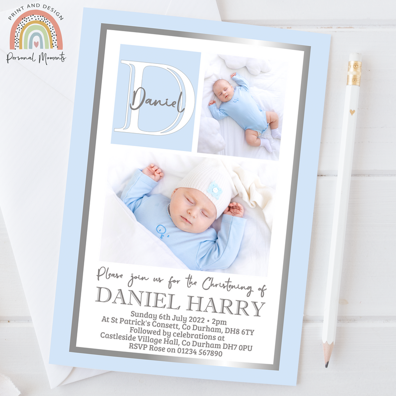 Elegant Personalised Christening & Baptism Invitations - Baby Blue & Silver with Dual Photo Design