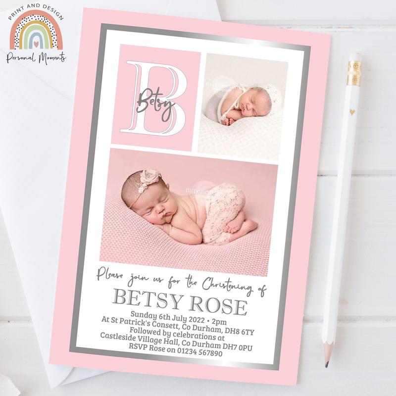 Elegant Personalised Christening & Baptism Invitations - Baby Pink & Silver with Dual Photo Design