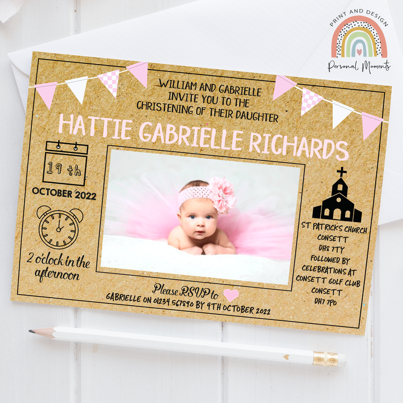 Vintage Rustic Kraft & Baby Pink Christening Invitations - Personalised with Photo