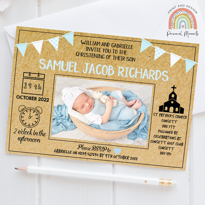 Vintage Rustic Kraft & Baby Blue Christening Invitations - Personalised with Photo