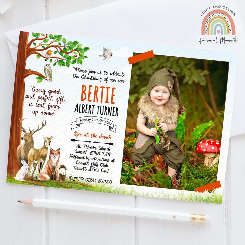 Enchanted Forest Personalised Christening Invitations - Autumn Woodland Animals Theme, Photo Baptism