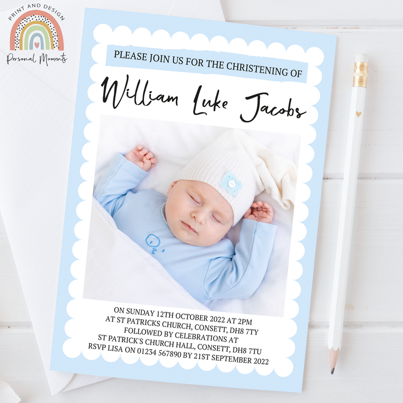 Baby Blue Personalised Christening Invitations - Elegant Cloud Border with Photo