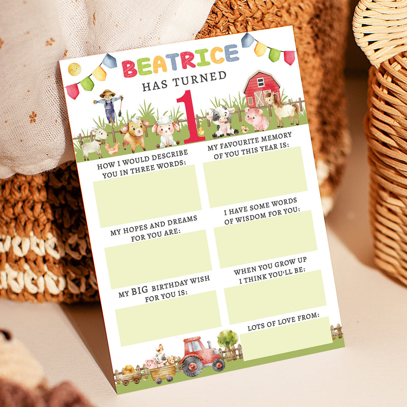 Personalised Farmyard First Birthday Time Capsule Cards with Envelopes - Colourful Keepsake Game, Customisable 1st Birthday Party Activity