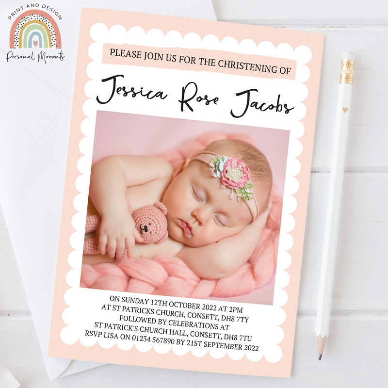 Baby Pink Personalised Christening Invitations - Elegant Cloud Border with Photo