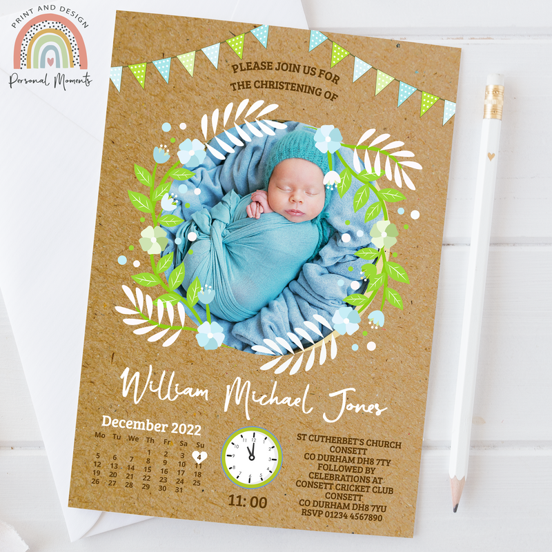 Botanical Personalised Christening Invitations - Vintage Kraft Rustic, Baby Blue & Green Photo Invites