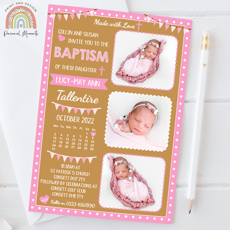 Personalised Girl Christening Invitations with Photos - Pink Polka Dots & Vintage Kraft Baptism Invites