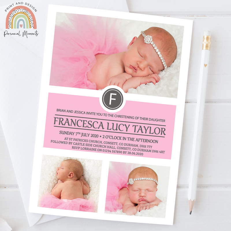 Personalised Pink Baby Girl Christening Invitations - Girl Multi Photo Baptism Invites