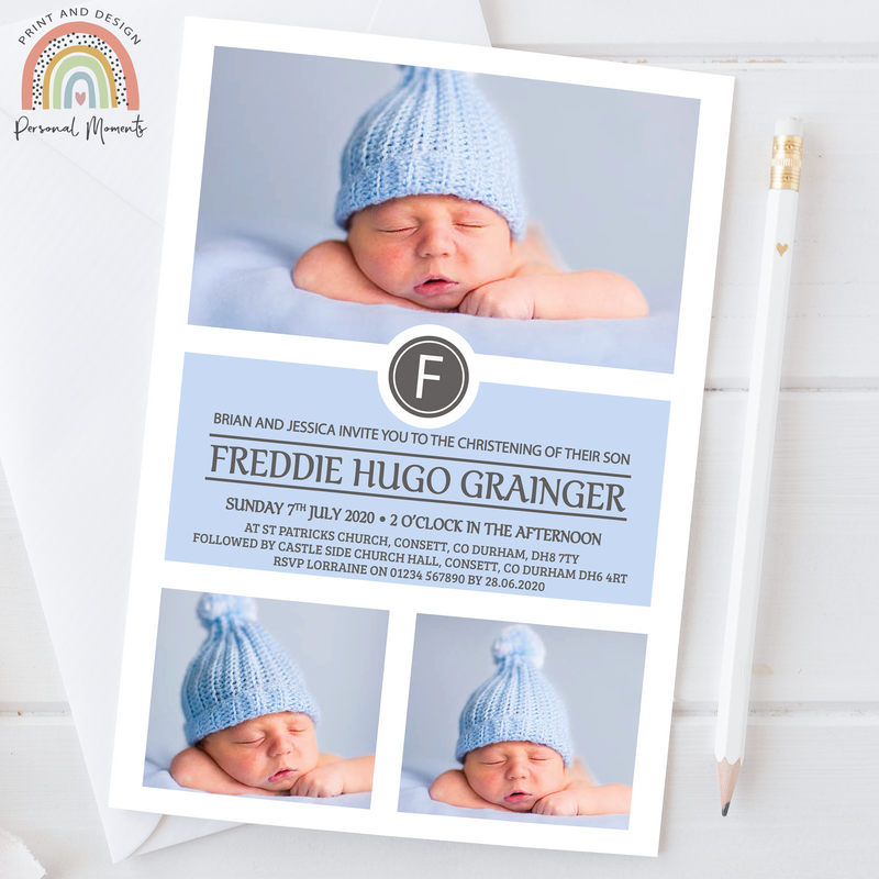 Personalised Baby Blue Boy Christening Invitations - Multi Photo Design