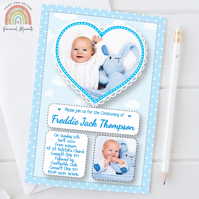 Personalised Baby Blue Cloud Boy Christening Invitation - Heart & Square Photos