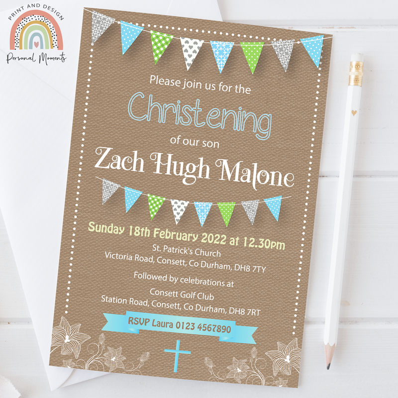 Personalised Vintage Bunting Boys Christening Invitation - Rustic Blue & Green