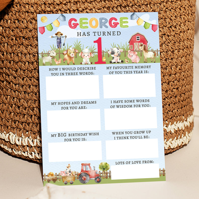 Personalised Farmyard First Birthday Time Capsule Cards with Envelopes - Colourful Keepsake Game, Customisable 1st Birthday Party Activity