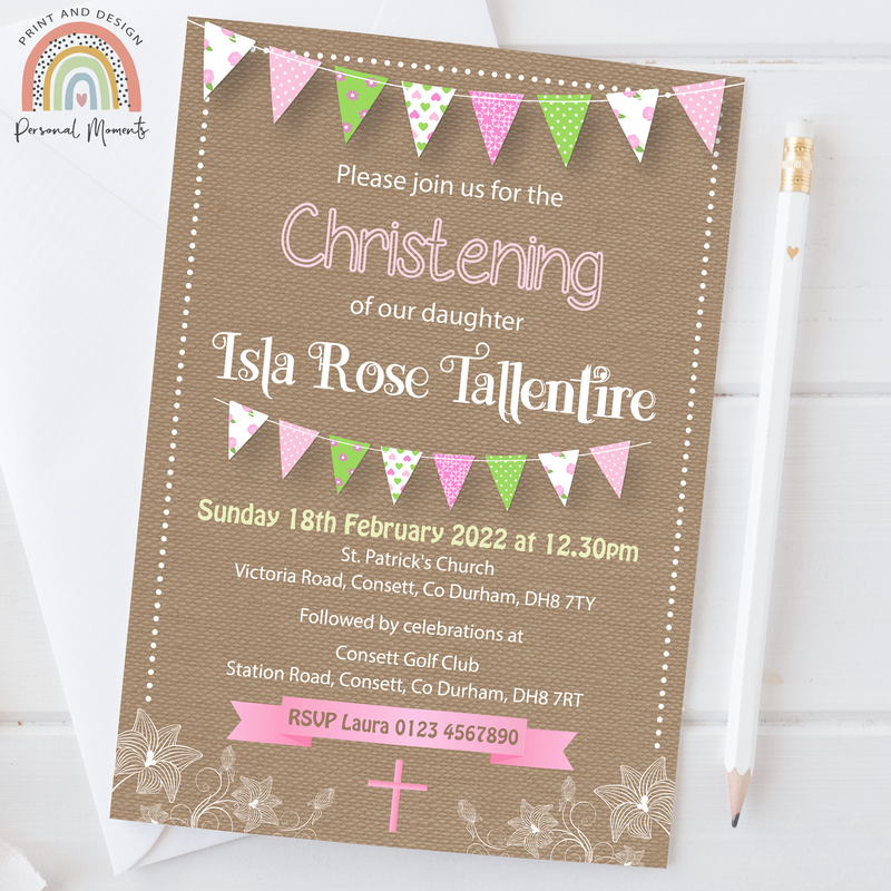 Personalised Vintage Pink Floral Bunting Girl's Christening Invitation - Shabby Chic