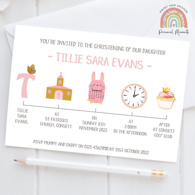 Personalised Pink Watercolour Timeline Christening Invitation for Girls