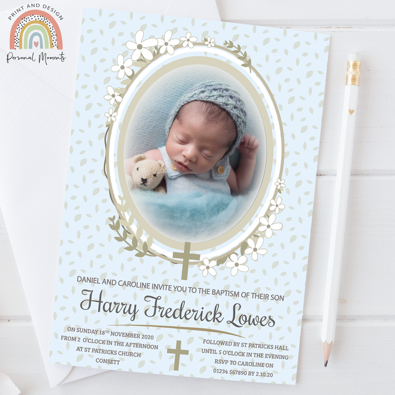 Personalised Botanical Photo Christening Invitation - Blue and Grey Boy