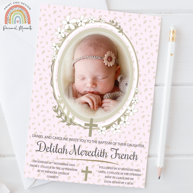 Personalised Floral Botanical Girl's Christening Invitations - Pink and Grey