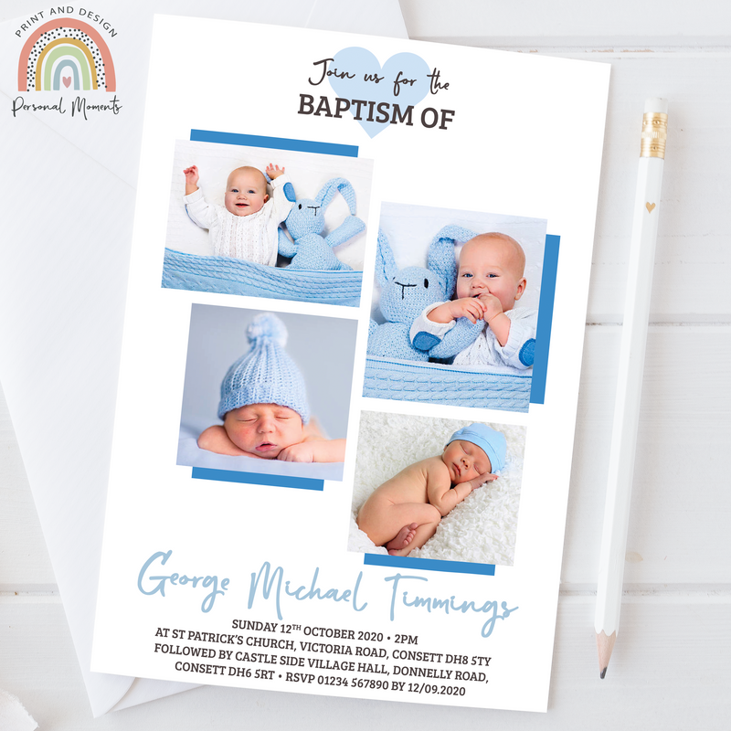 Modern Personalised Baby Blue 4-Photo Christening Invitations