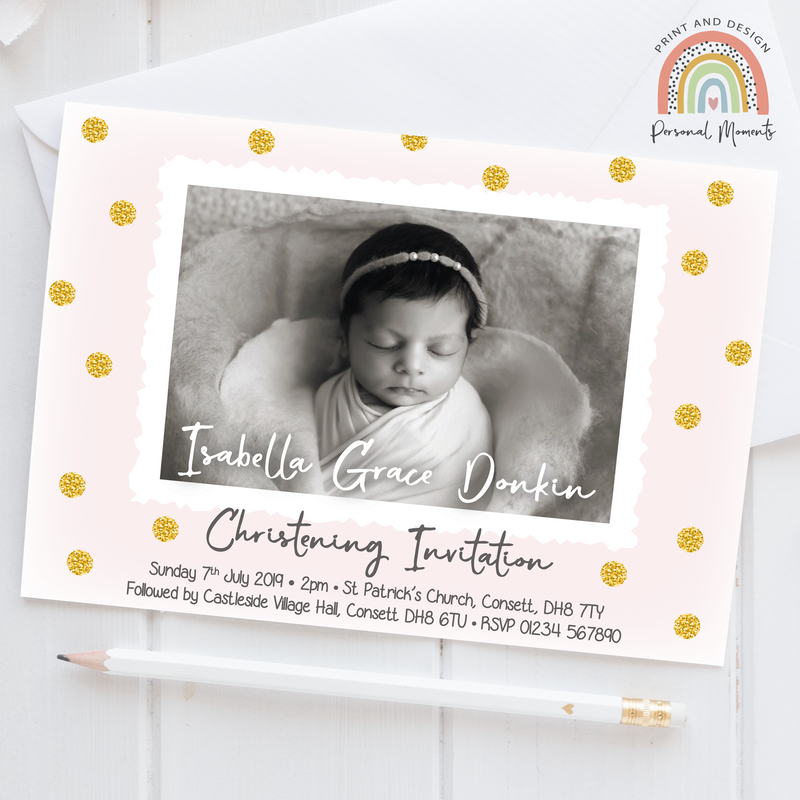 Personalised Pink and Gold Glitter Effect Christening Invitations with Photo