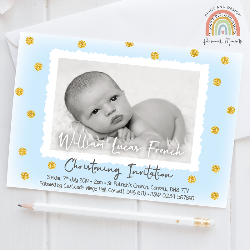 Personalised Baby Blue & Gold Glitter Photo Christening Invitations
