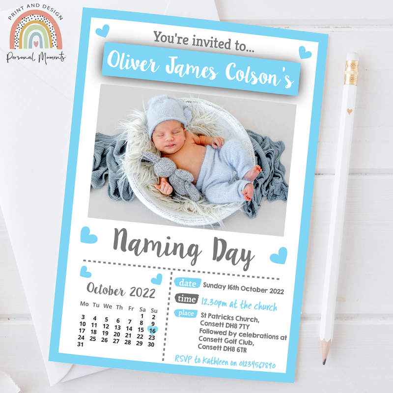 Personalised Blue Heart Christening Invitations with Photo and Calendar