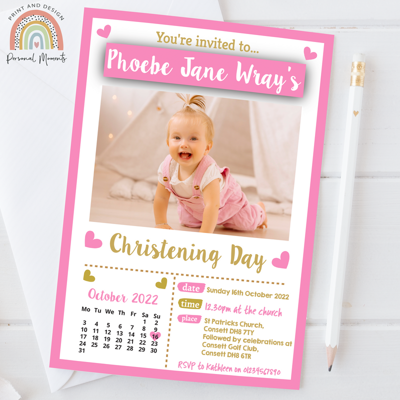 Personalised Pink Heart Christening Invitations with Photo and Calendar
