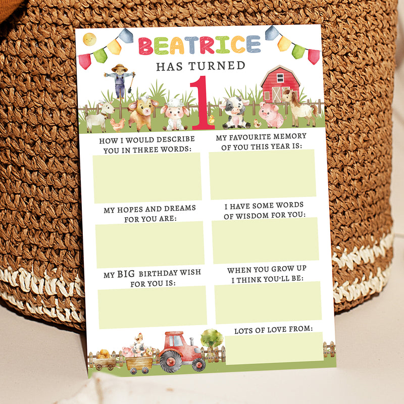 Personalised Farmyard First Birthday Time Capsule Cards with Envelopes - Colourful Keepsake Game, Customisable 1st Birthday Party Activity