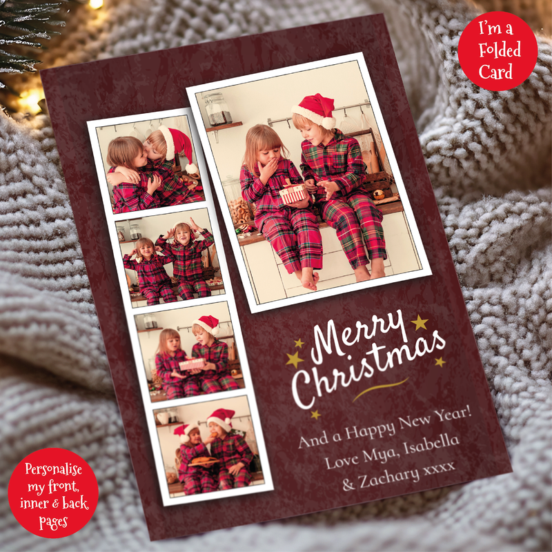 a christmas card with a picture of a girl in plaid pajamas
