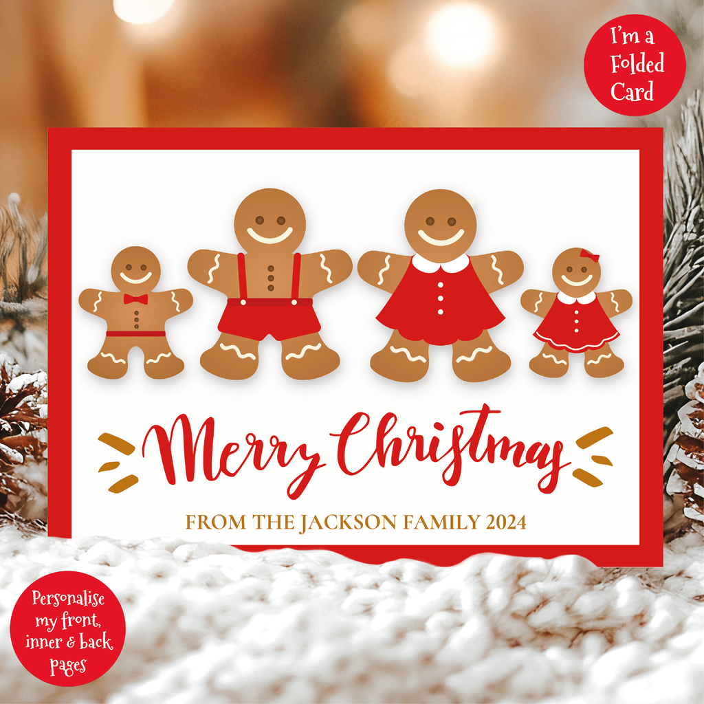 a christmas card with three gingerbreads on it