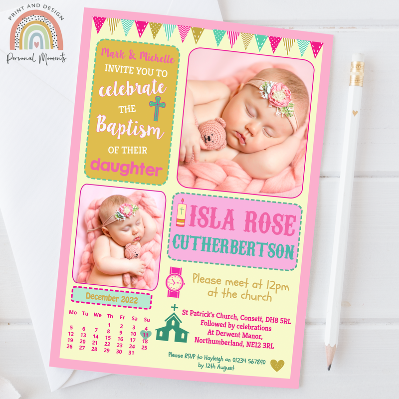 Personalised Christening Invitation for Girls - Custom Photo Pink Baptism Invite