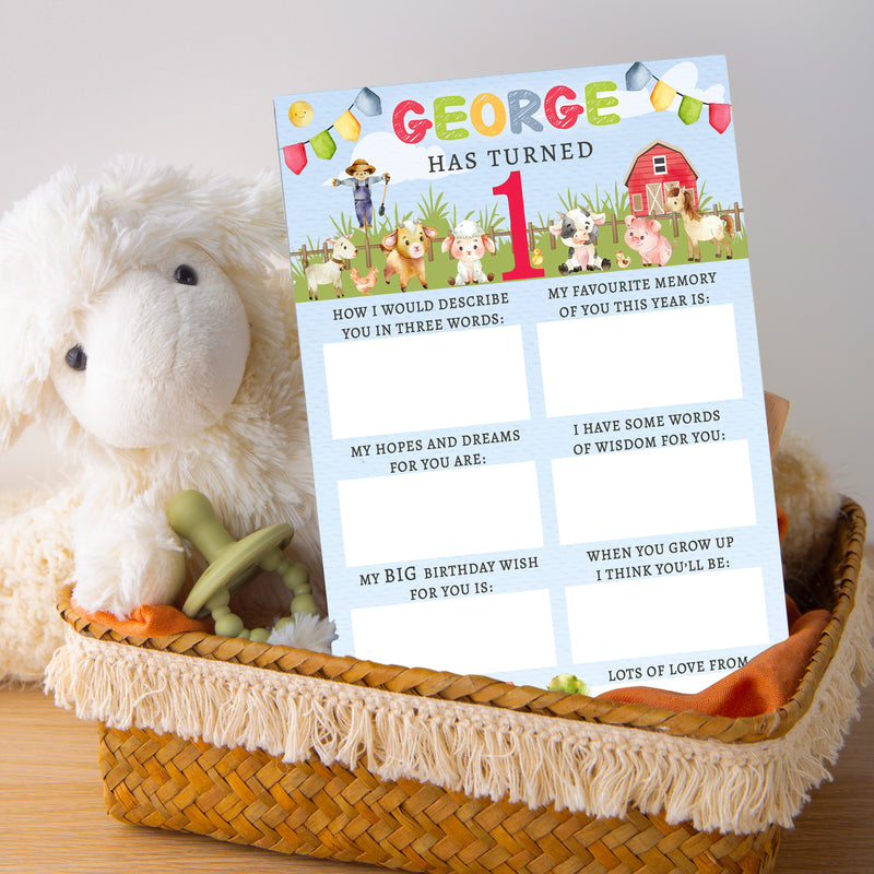 Personalised Farmyard First Birthday Time Capsule Cards with Envelopes - Colourful Keepsake Game, Customisable 1st Birthday Party Activity