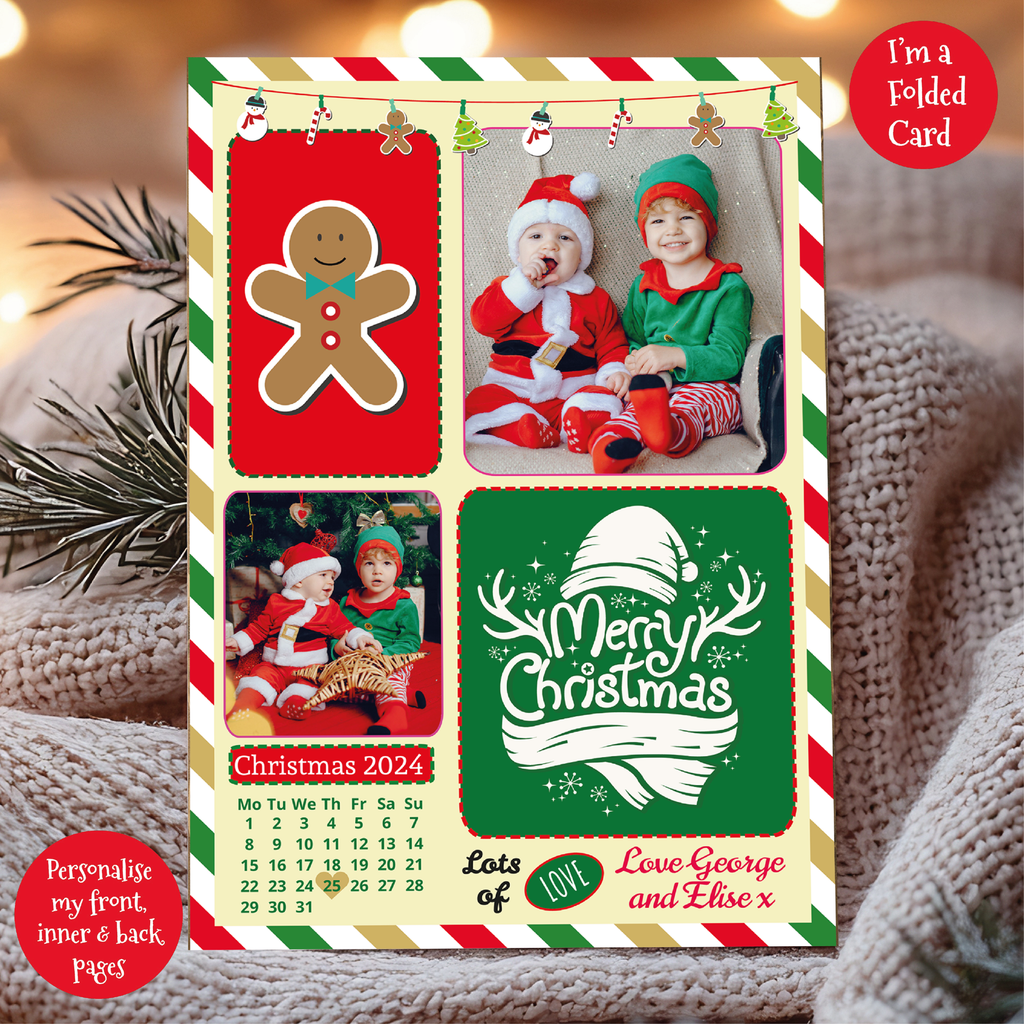 a christmas card with a picture of two children and a gingerbread