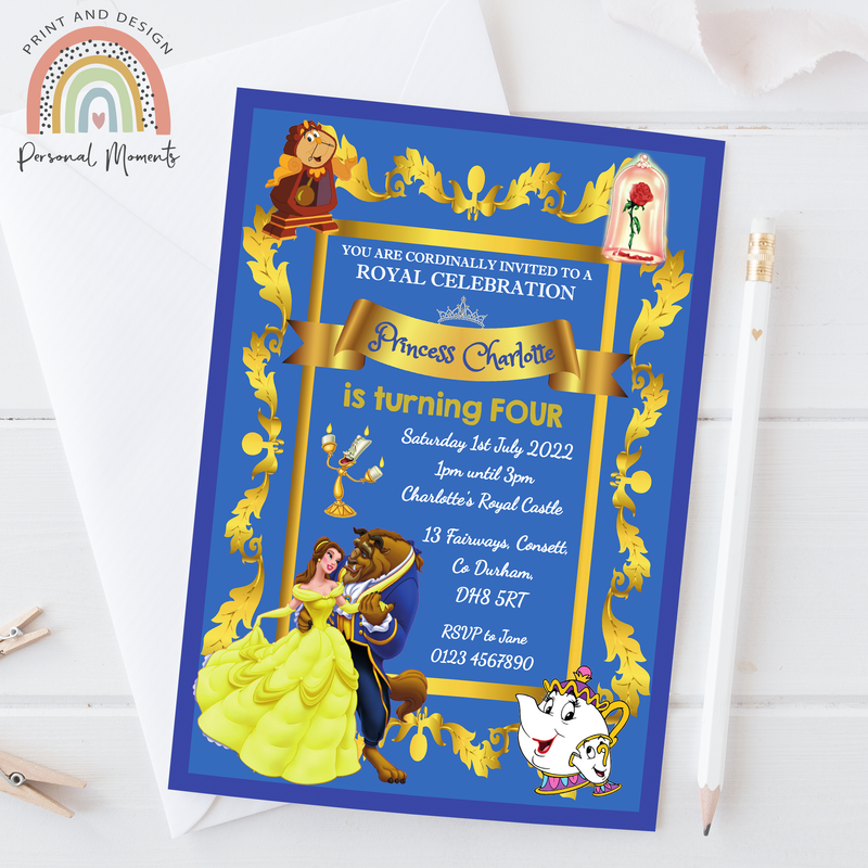 Personalised Princess Belle Birthday Invitations - Beauty and the Beast Theme