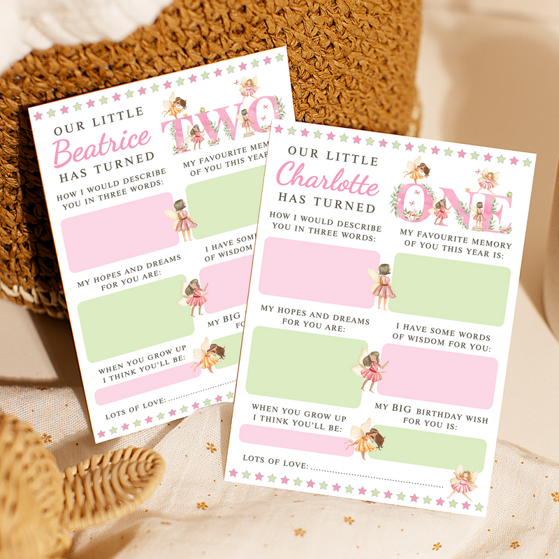 Personalised 1st Birthday Time Capsule Cards, Fairy, Pixie First Birthday Party Games