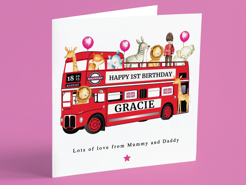 Personalised Jungle Bus Birthday Card Pink