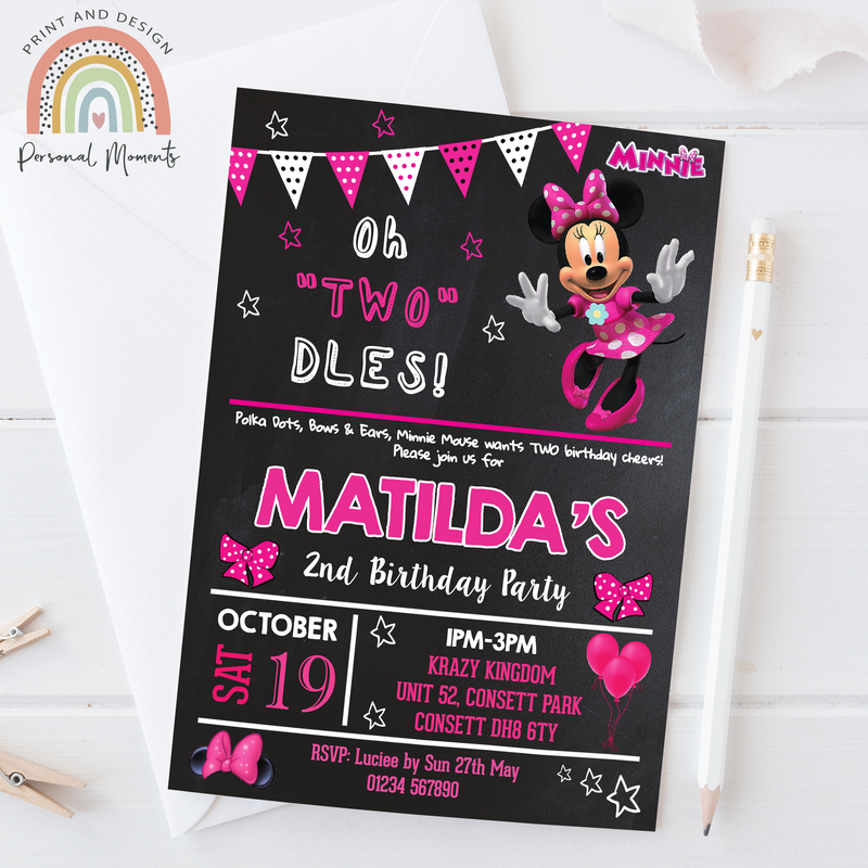 Personalised Pink Minnie Mouse Birthday Invitations - Bow Style
