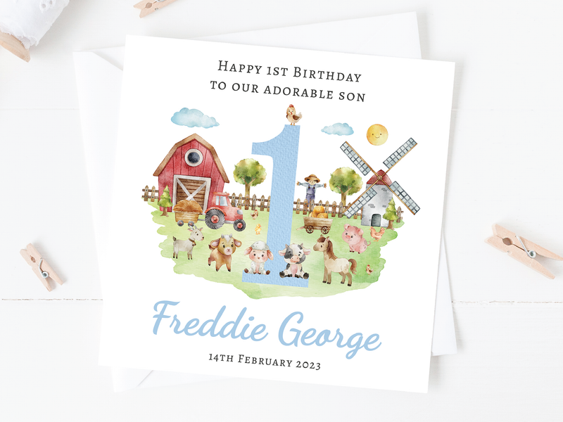 Personalised Farm Animals Birthday Card Blue