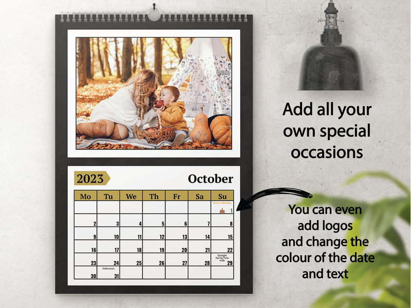Personalised A5 Wall Calendar 2025 – Black & Gold Design, Perfect for Christmas & Birthdays