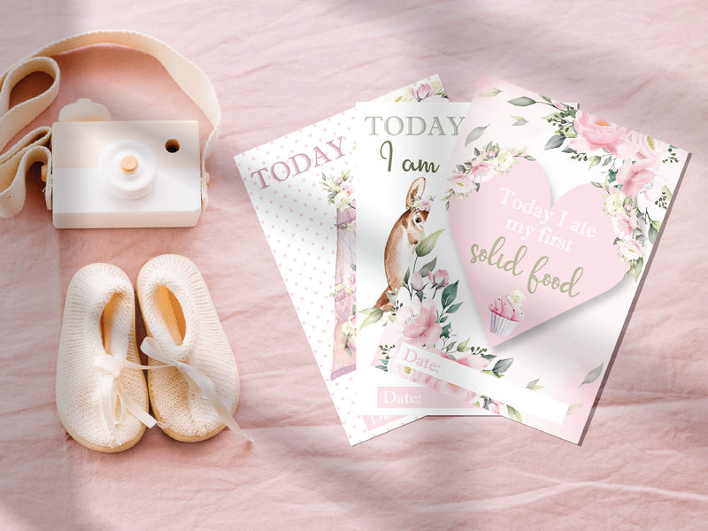 Vintage Pink Floral Botanical Boho Milestone Cards - Baby Girl Keepsake