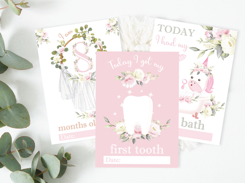 Vintage Pink Floral Botanical Boho Milestone Cards - Baby Girl Keepsake