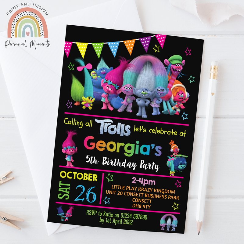Personalised Trolls Rainbow Party Invitations
