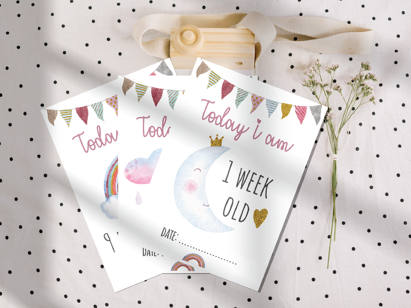 Vintage Rainbow Boho Milestone Cards - Baby Girl Keepsake with Moon, Stars and Glitter Effect