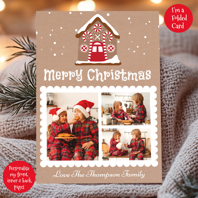 a christmas card with a picture of a gingerbread house