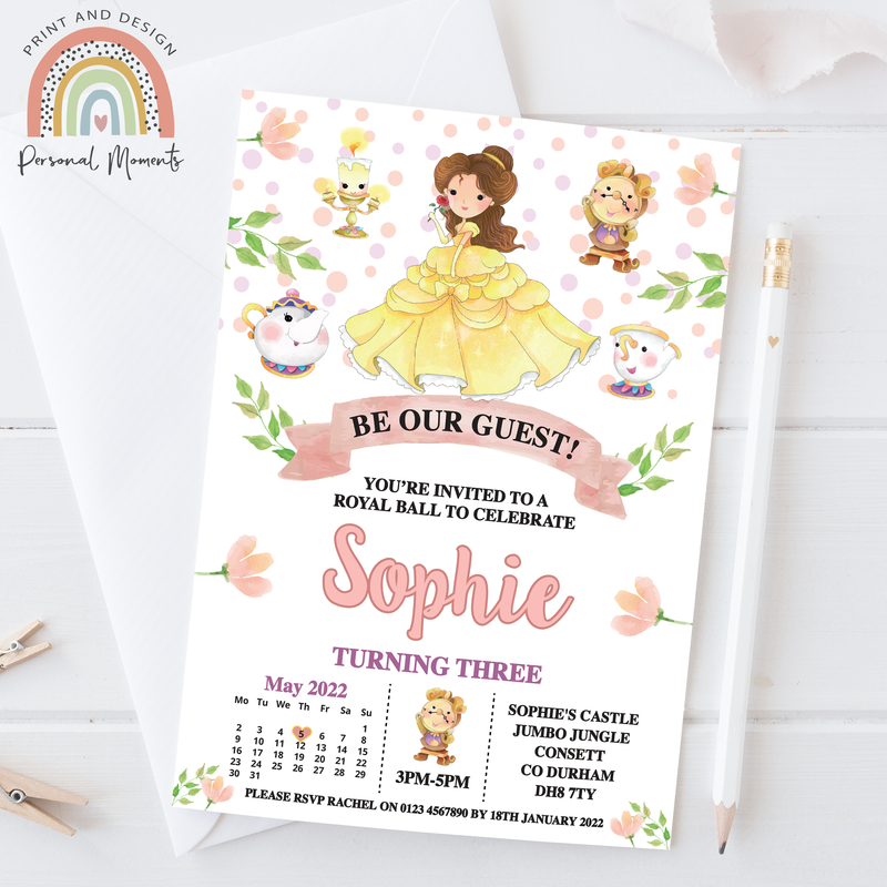 Personalised Beauty and The Beast Invitations - Princess Belle Watercolour Fairytale Theme