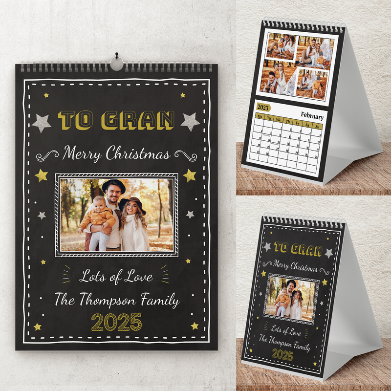 Personalised A4 Wall Calendar 2025 – Black & Gold Design, Perfect for Christmas & Birthdays