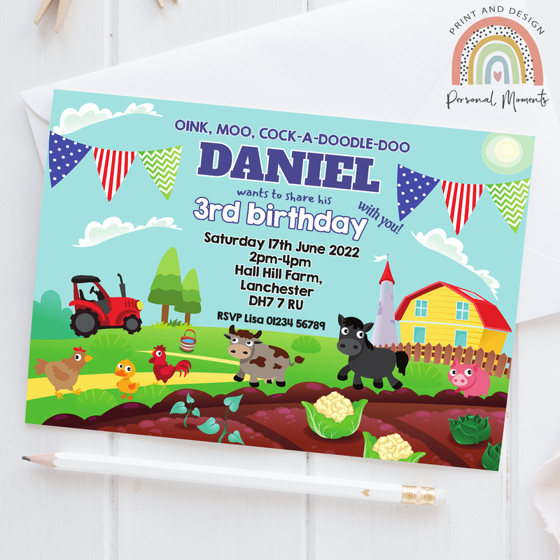 Personalised Farmyard Animals Birthday Party Invites- Blue